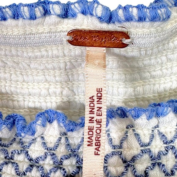 Free People Embroidered Elastic Ruched Peasant Top Blue/White Women's Medium - Picture 13 of 14